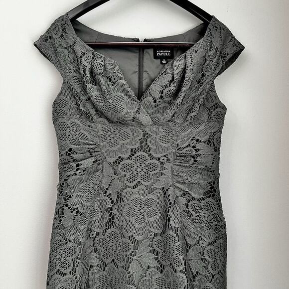 Adrianna Papell Gray Lace Sheath Dress Sz 8 Formal Cocktail Wedding Fitted - Picture 2 of 11